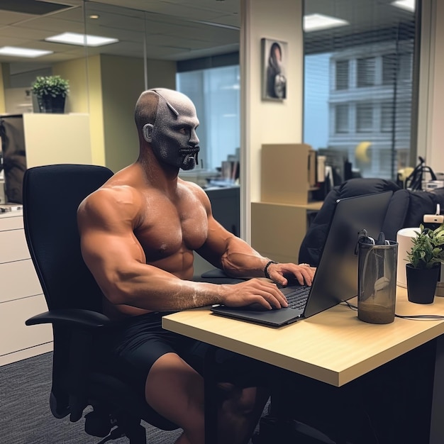 사무실에 있는 노트북에 머리가 있는 남자.