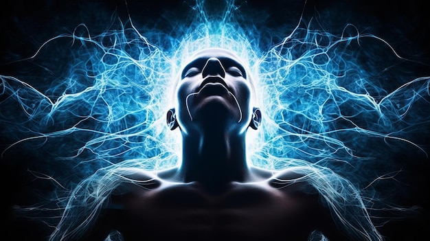 Man With Head Raised Surrounded by Lightning