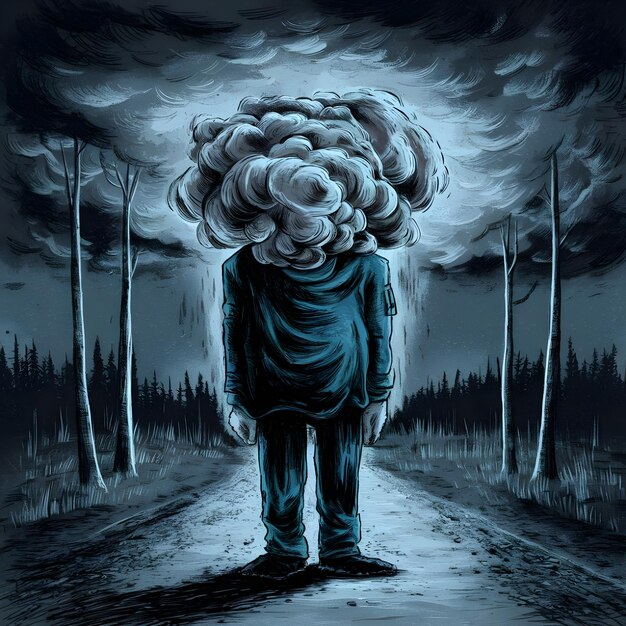 a man with a head that has a cloud on it