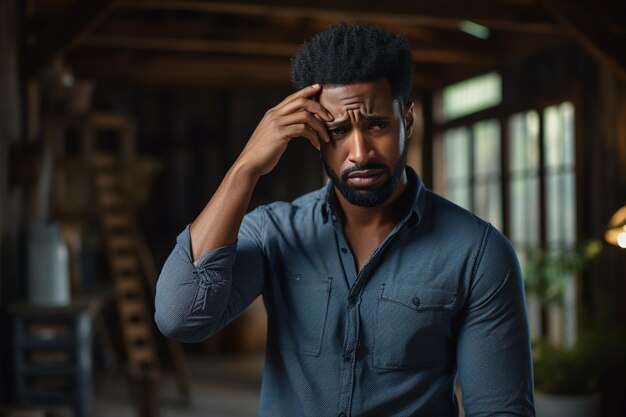 Photo a man with headache high fever stressed holding his head with pain