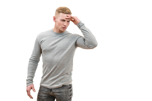 The man with a headache standing on the white background