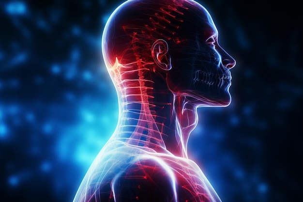 Man with headache stroke images of the structure of the neurosystem of the head and pain areas d