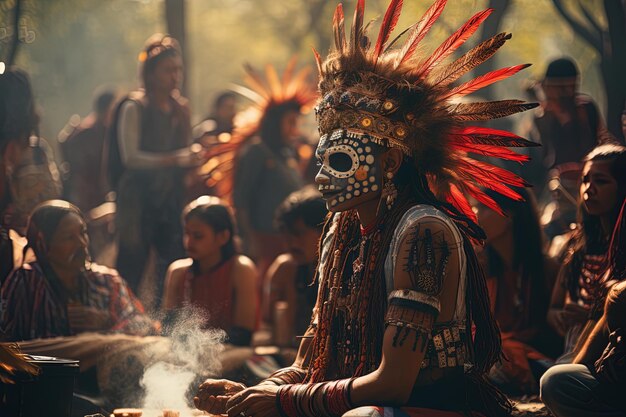 Photo a man with a headdress that has a red feather on it