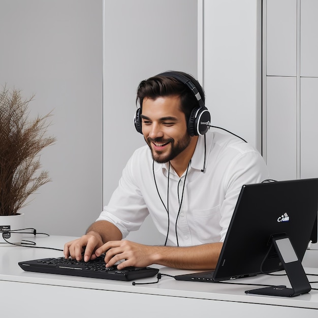 Photo a man with headphone listening to music and smiling