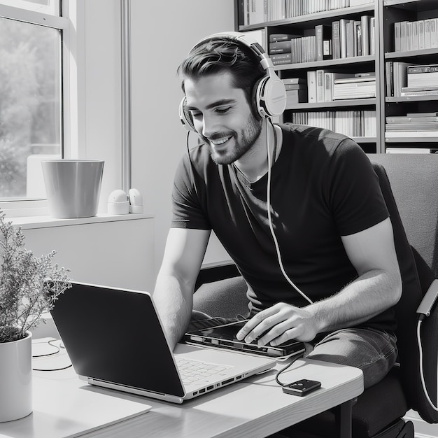 A man with headphone listening to music and smiling