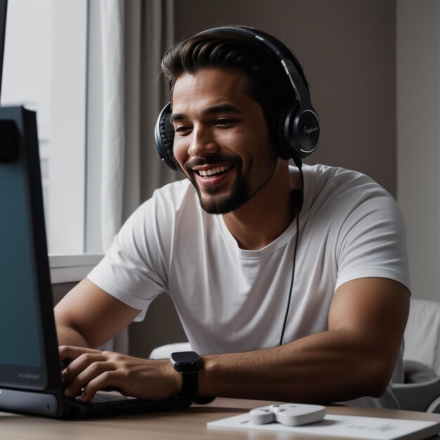 Photo a man with headphone listening to music and smiling