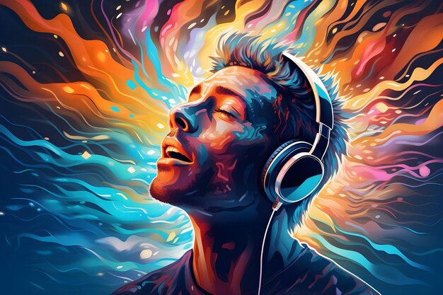 a man with headphones on and a colorful background