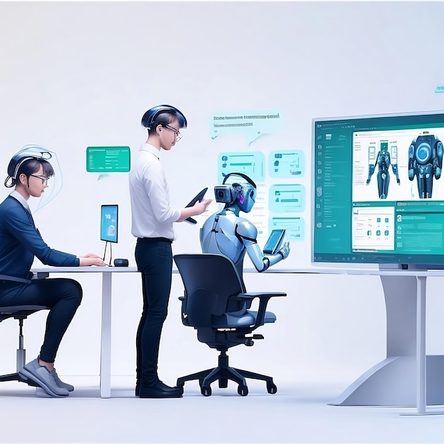 A man with headphones on and a computer screen with a robot on it.