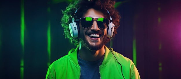 Man with headphones enjoying music and dancing DJ with joyful smile hipster teen lifestyle portrait with green background and neon lights open area for te