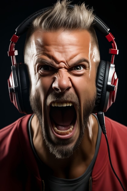 Man with headphones on and face with screaming expression Generative AI