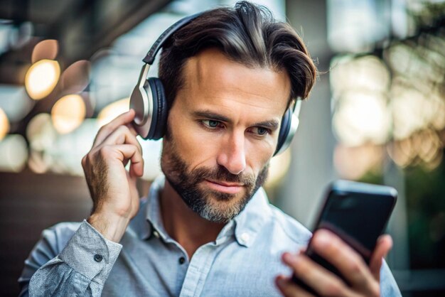 A man with headphones on his ears is seen holding a cell phone in his hand He seems focused on the screen possibly listening to music or a phone call