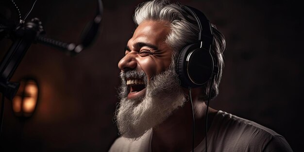 Foto un uomo con le cuffie e il microfono sta cantando nello stile della fotografia in camera oscura