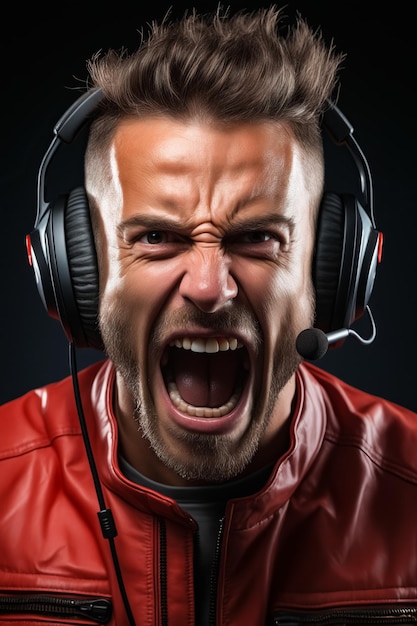 Man with headphones on screaming with his mouth open Generative AI