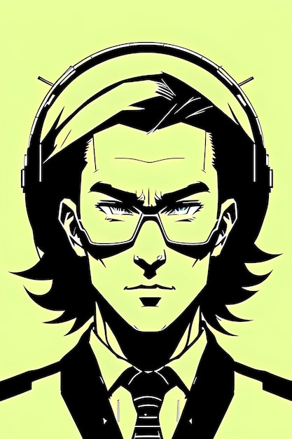 Photo a man with a headphones and a tie on his head is wearing a suit and tie and glasses a portrait of a beautiful man ai