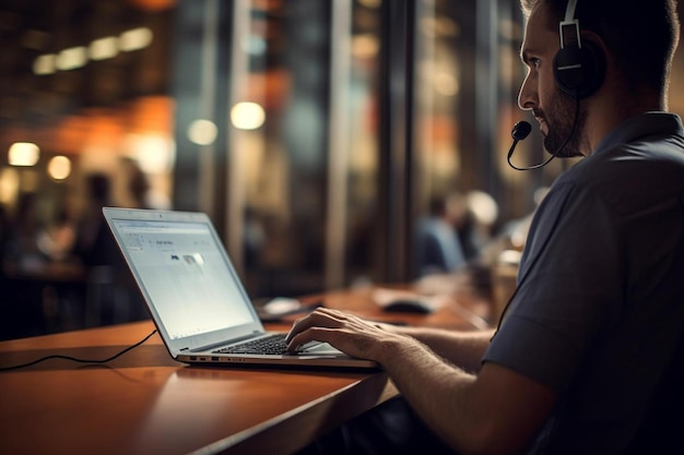 A man with a headset on his head talks on a laptop.