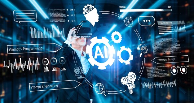 AIアシスタントのIngenuityを使用している間ヘッドセットをかぶった男性がデータセンターに立っています