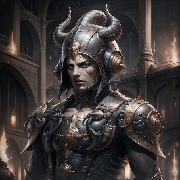 A man with a helmet and horns stands in front of a fire.