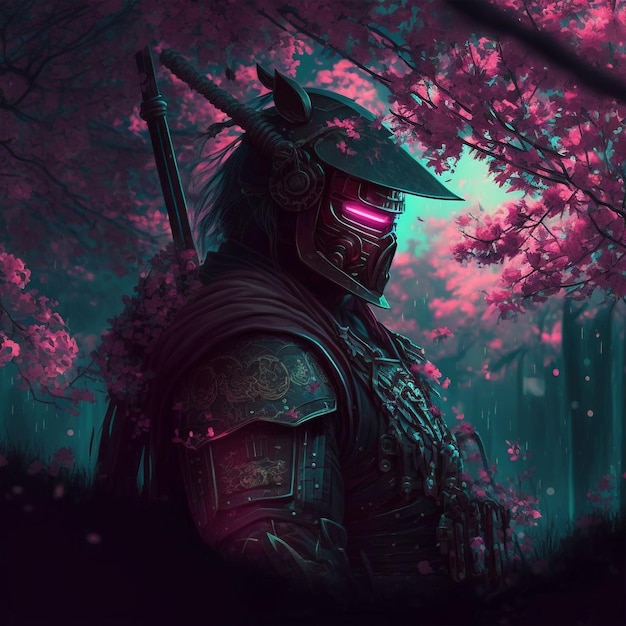A man with a helmet and pink eyes stands in a forest with pink flowers.