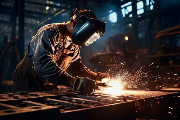 Photo a man with a helmet that says  he is working on a metal piece