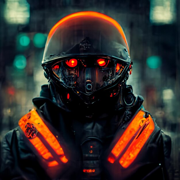 A man with a helmet with orange lights on it