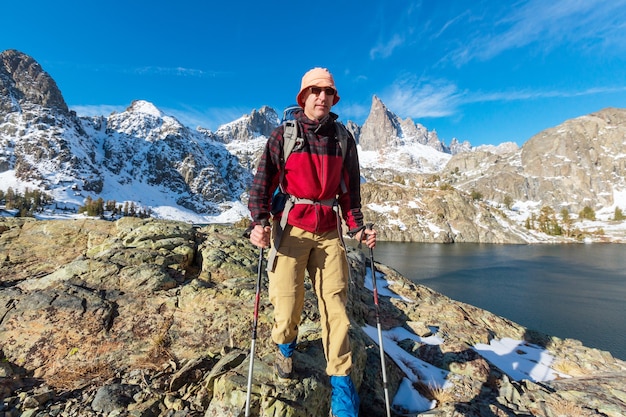 Man with hiking equipment walking in Sierra Nevada  mountains,California,USA