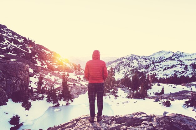 Man with hiking equipment walking in Sierra Nevada  mountains,California,USA