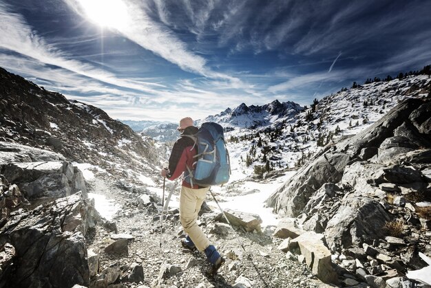 Man with hiking equipment walking in Sierra Nevada  mountains,California,USA