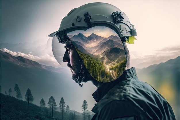 Man with hiking gears portrait and wondrous mountain landscape double exposure