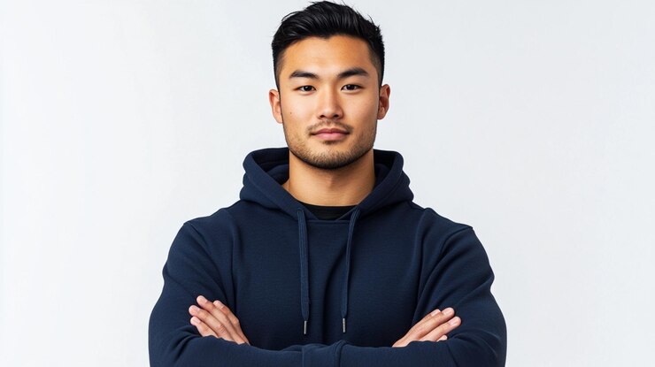 Photo 腕を横切って黒いジャケットを着た男性黒いフードを着ていると書かれています