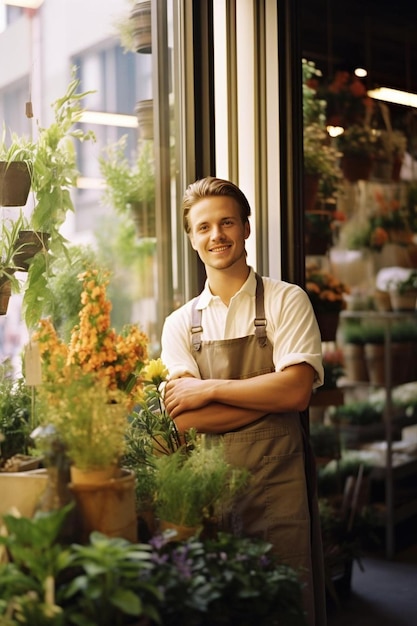 a man with his arms crossed in front of plants and flowers