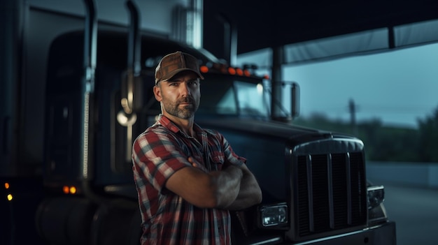 Человек с перекрестными руками перед грузовиком с надписью на нем, сгенерированной ИИ
