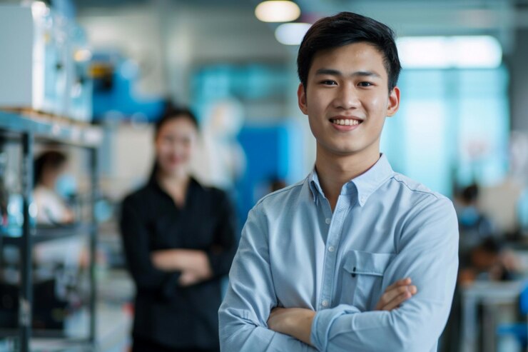 Photo 一名手臂交叉的男子和一名女子在背景