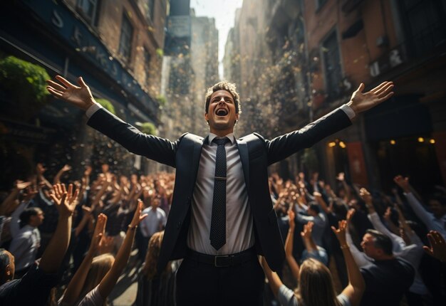 a man with his arms raised in front of a crowd of people with arms raised in the air.