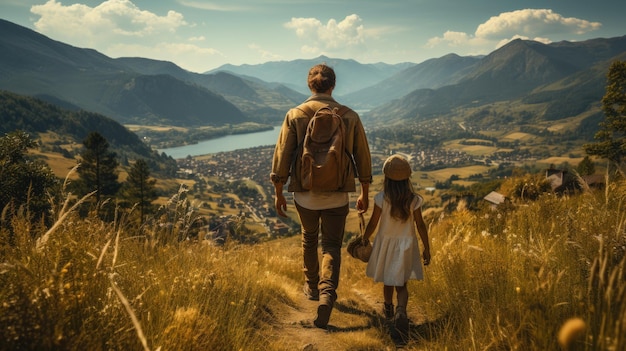 A man with his daughter on hiking expedition with mountains view high quality photo
