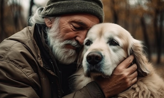 Man with his dog playing in the park Owner hugs his pet generative AI