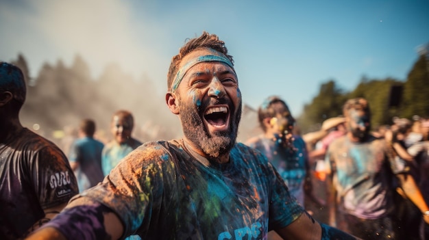 A man with his face covered in colored paint at a race ai