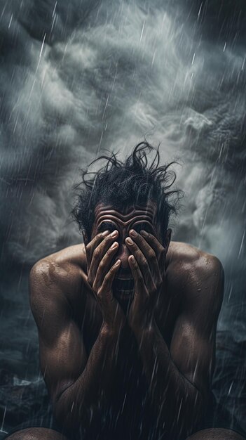 Photo a man with his face covered in rain