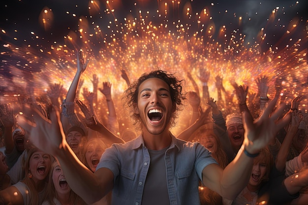 Photo a man with his hands in the air with fireworks in the background