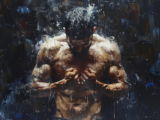 a man with his hands in the air with water splashing around him