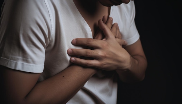 A man with his hands on his chest is holding his chest.