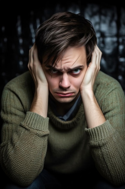 A man with his hands on his ears is looking at the camera