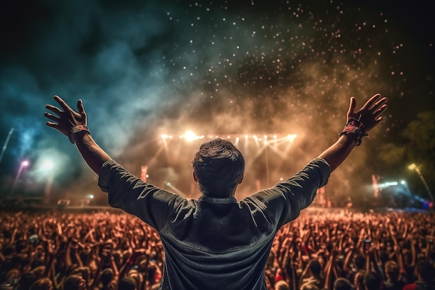 A man with his hands up in front of a concert stage