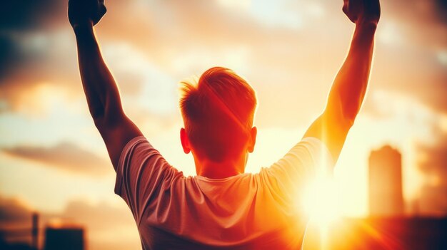 A man with his hands up symbolizing victory against the city at sunset