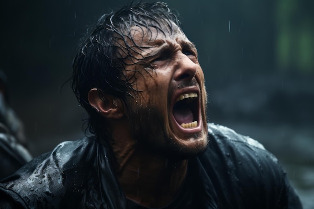 a man with his mouth open in the rain