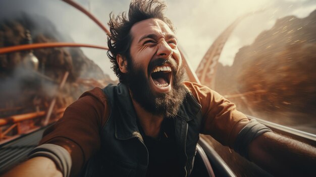 Photo a man with his mouth open riding on a roller coaster