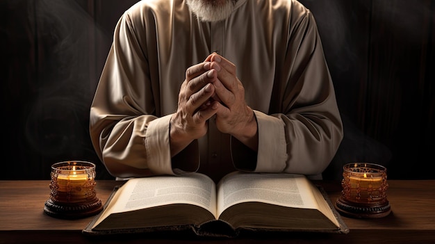 A man with the holy bible sitting and saying a prayer