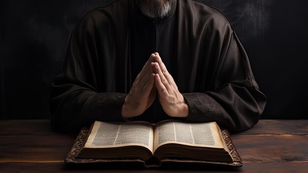 A man with the holy bible sitting and saying a prayer