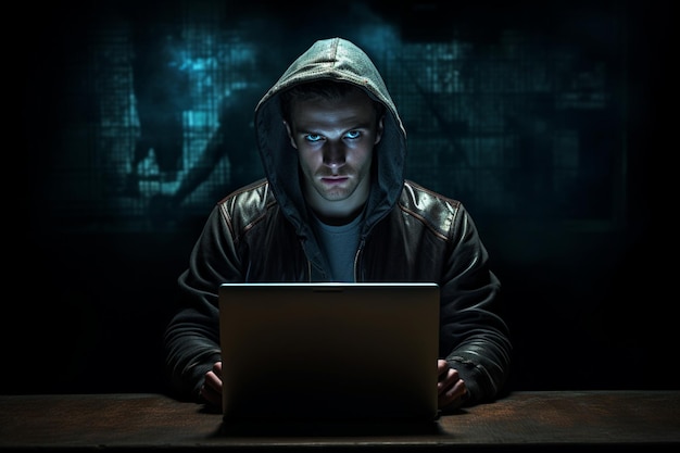 A man with a hood sits in front of a laptop computer