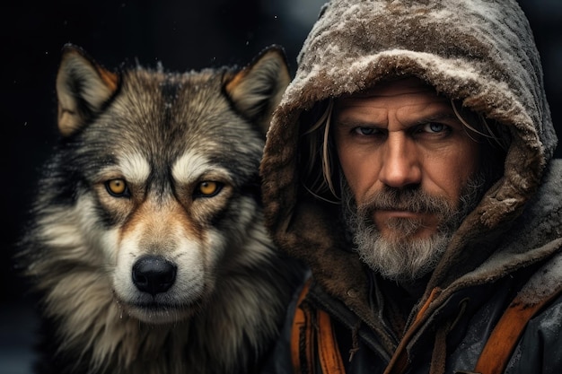 a man with a hood and a wolf