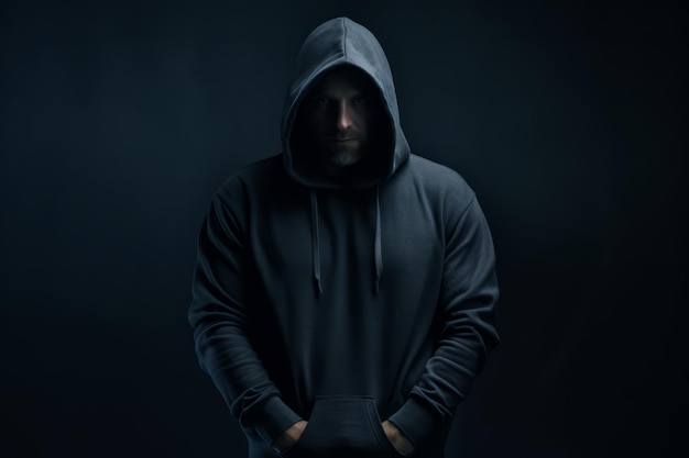 man with a hoodie standing on dark background hacker style